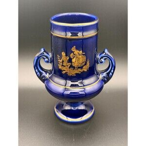 Vintage Italian Cobalt Blue Gold Gilt Urn Vase Double Handle 5”